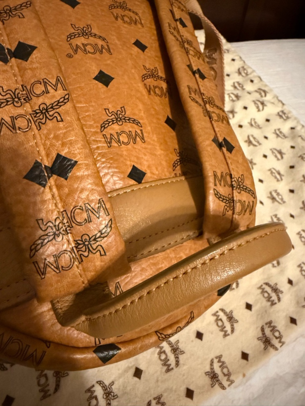 MCM Cognac Visetos Mini Backpack with Gold and Black Studs - Picture 6 of 11